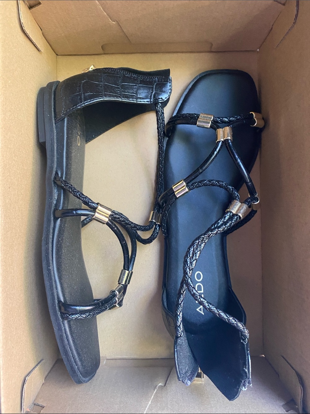 Aldo Black Braided T-Strap Sandals with Gold Accents